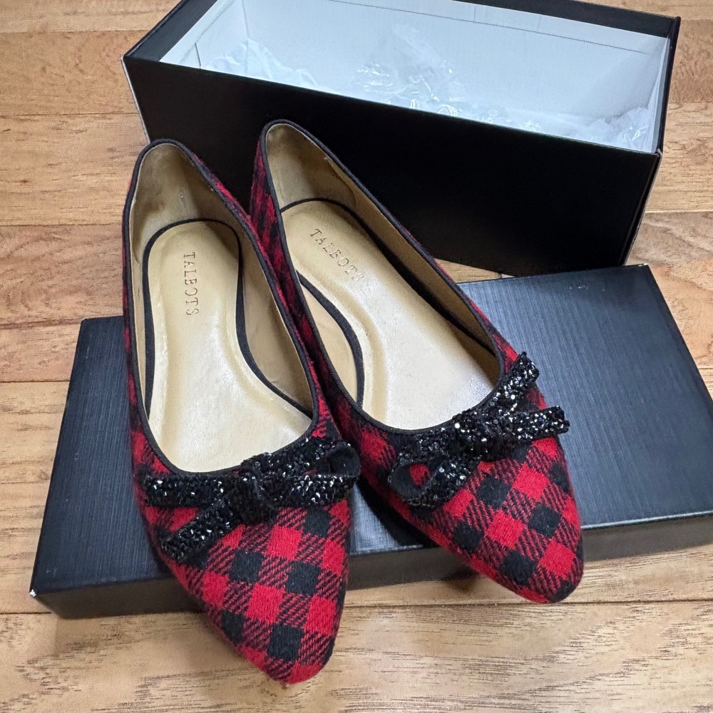 Talbots Edison Knot Flats Women 8.5 Red Black Buffalo Plaid Beaded Bow Christmas